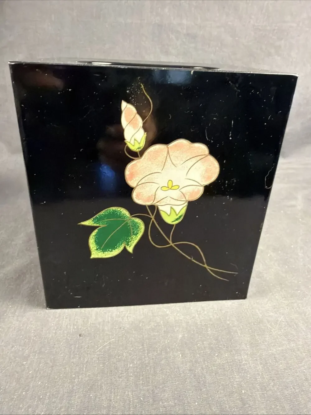 Vintage Andre Richard Black Lacquer Tissue Box Cover - Floral Japan